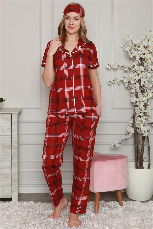 Akbeniz Kadın %100 Pamuk Önden Düğmeli Kısa Kol Pijama Takım 2806