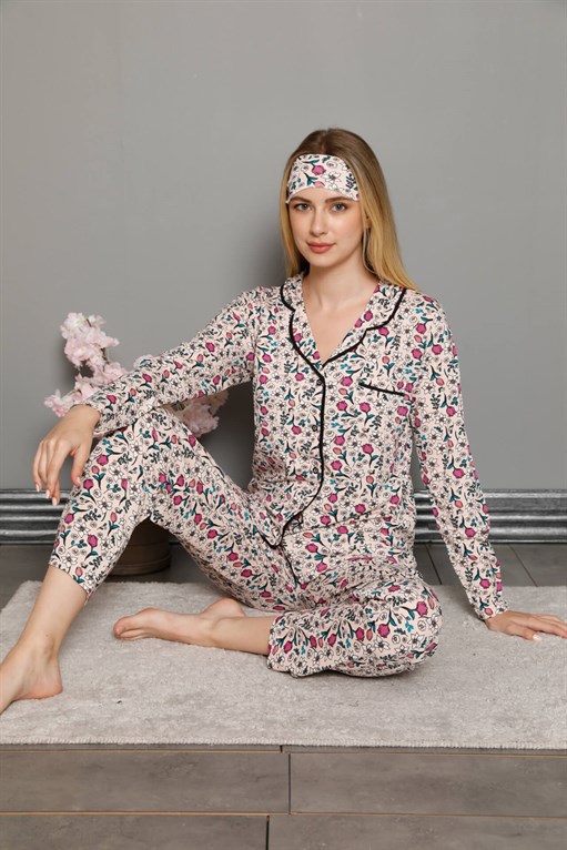 Akbeniz Kadın %100 Pamuk Önden Düğmeli Uzun Kol Pijama Takım 2755
