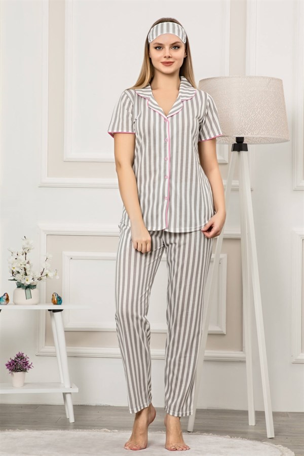 Akbeniz Kadın Gri Beyaz Renk Pamuklu Cepli Kısa Kol Pijama Takım 2533