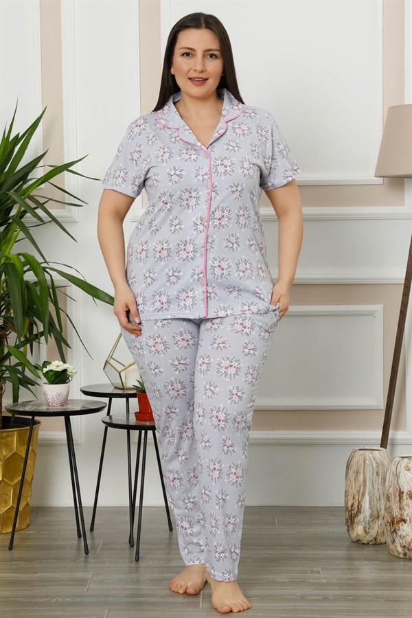 Akbeniz Kadın Gri Pamuklu Düğmeli Cepli Kısa Kol Büyük Beden Pijama Takım 202006