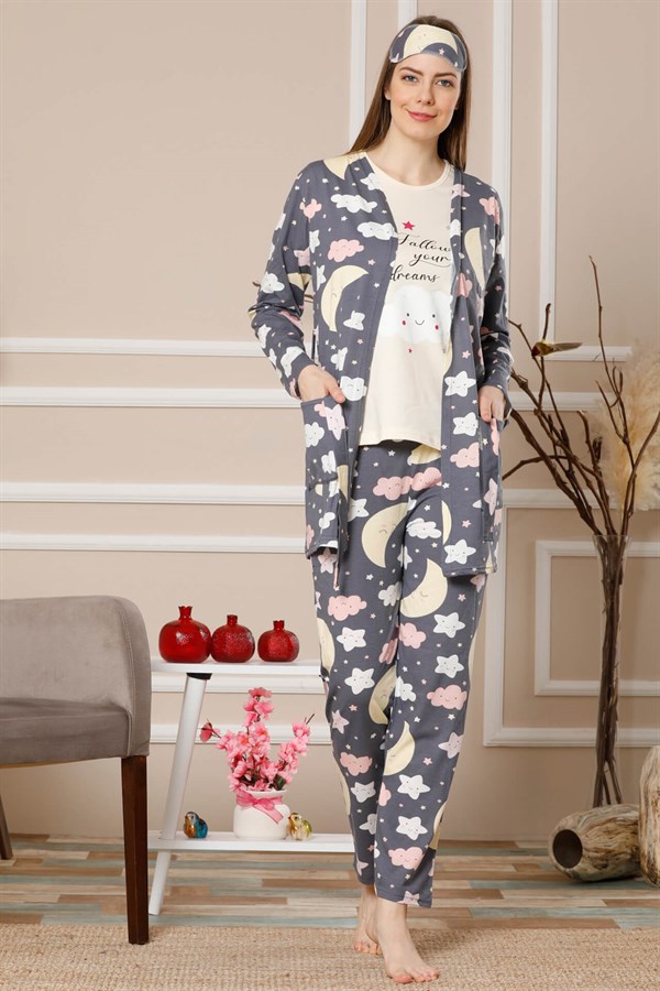 Akbeniz Kadın Lacivert Renk Pamuklu Cepli 3'lü Pijama Takım 1115