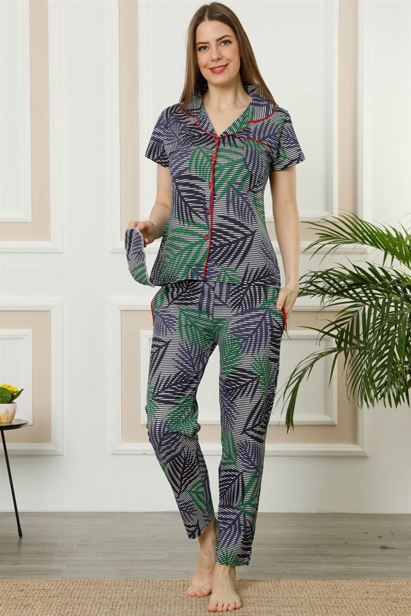 Akbeniz Kadın Lacivert Yeşil Pamuklu Düğmeli Cepli Kısa Kol Pijama Takım 2395