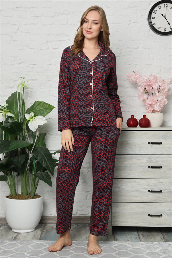 Akbeniz Kadın Pamuklu Düğmeli Cepli Uzun Kol Pijama Takım 2478