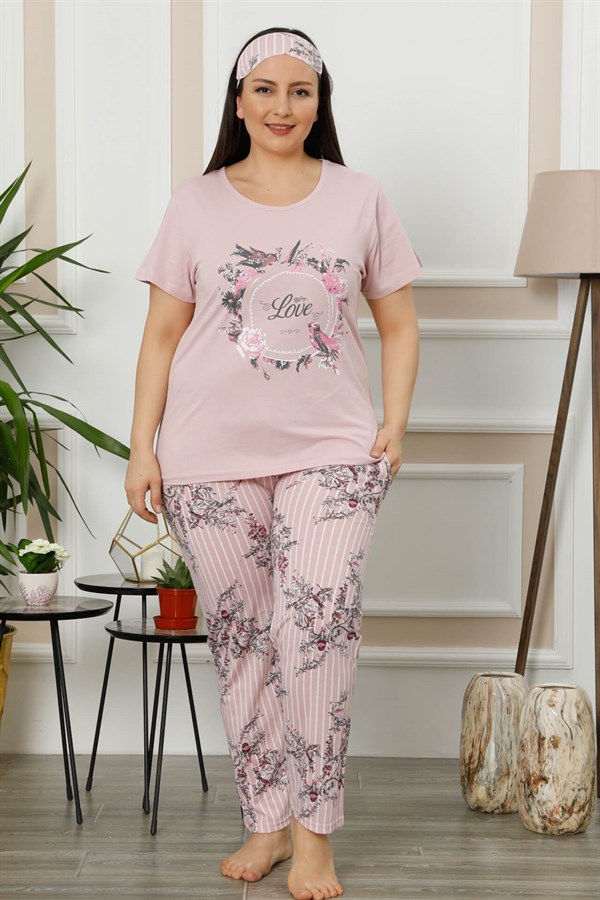 Akbeniz Kadın Pembe Pamuklu Cepli Kısa Kol Büyük Beden Pijama Takım 202001