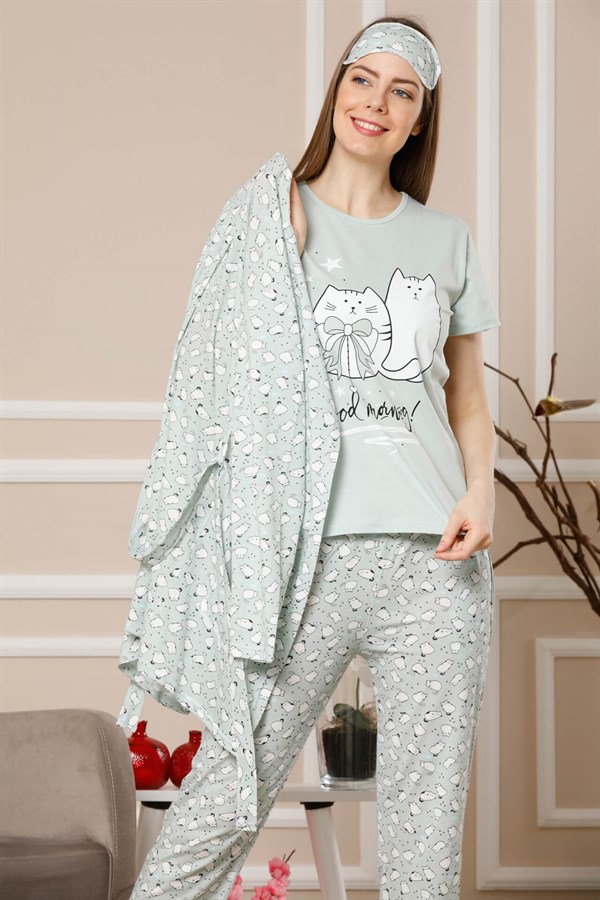 Akbeniz Kadın Su Yeşili Renk Pamuklu Cepli 3'lü Pijama Takım 1113