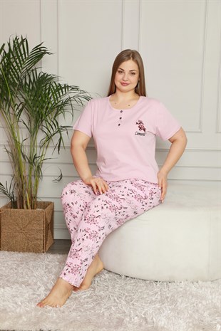 Akbeniz Kadın %100 Pamuk Cepli Kısa Kol Büyük Beden Pijama Takım 202070