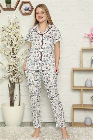 Akbeniz Kadın %100 Pamuk Önden Düğmeli Kısa Kol Pijama Takım 2802