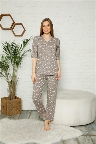 Akbeniz Kadın %100 Pamuk Penye Kısa Kol Pijama Takım 3351