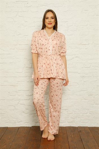 Akbeniz Kadın %100 Pamuk Penye Pileli Pijama Takım 17103