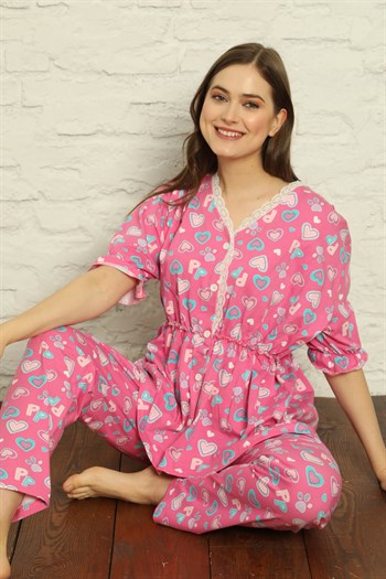 Akbeniz Kadın %100 Pamuk Penye Pileli Pijama Takım 17108