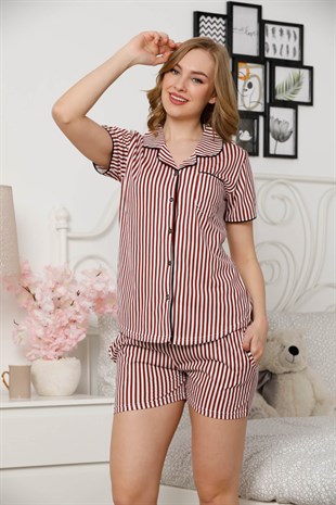 Akbeniz Kadın Beyaz Kahverengi Pamuklu Düğmeli Cepli Şortlu Pijama Takım 4304
