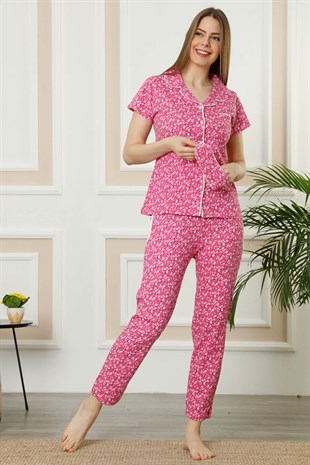 Akbeniz Kadın Fuşya Pamuklu Düğmeli Cepli Kısa Kol Pijama Takım 2390