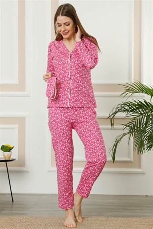 Akbeniz Kadın Fuşya Pamuklu Düğmeli Cepli Uzun Kol Pijama Takım 2458