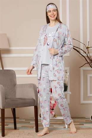 Akbeniz Kadın Gri Renk Pamuklu Cepli 3'lü Pijama Takım 1112