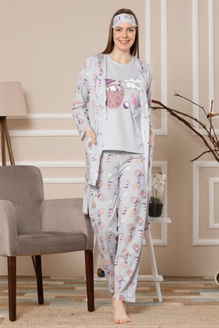 Akbeniz Kadın Gri Renk Pamuklu Cepli 3'lü Pijama Takım 1112