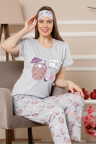 Akbeniz Kadın Gri Renk Pamuklu Cepli Kısa Kol Pijama Takım 2521