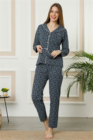Akbeniz Kadın Lacivert Gri Pamuklu Düğmeli Cepli Uzun Kol Pijama Takım 2461