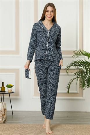 Akbeniz Kadın Lacivert Gri Pamuklu Düğmeli Cepli Uzun Kol Pijama Takım 2461