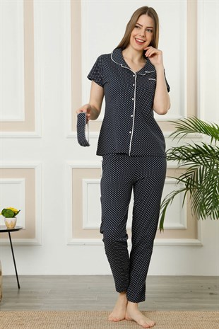 Akbeniz Kadın Lacivert Pamuklu Düğmeli Cepli Kısa Kol Pijama Takım 2394