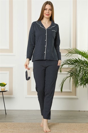 Akbeniz Kadın Lacivert Pamuklu Düğmeli Cepli Uzun Kol Pijama Takım 2462