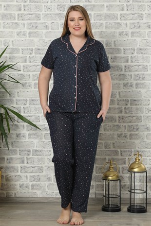 Akbeniz Kadın Lacivert Pamuklu Düğmeli Cepli Kısa Kol Büyük Beden Pijama Takım 202007