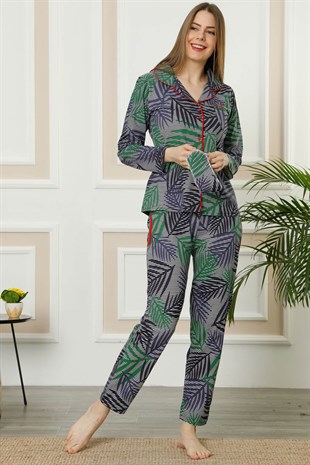 Akbeniz Kadın Lacivert Yeşil Pamuklu Düğmeli Cepli Uzun Kol Pijama Takım 2463