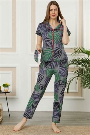 Akbeniz Kadın Lacivert Yeşil Pamuklu Düğmeli Cepli Kısa Kol Pijama Takım 2395