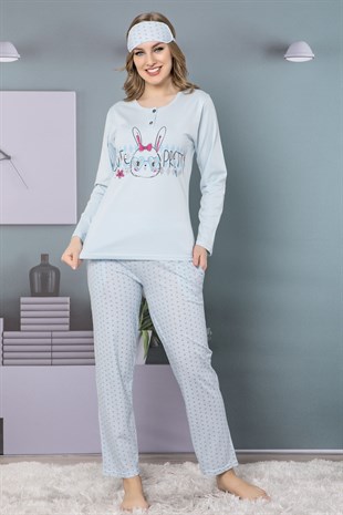 Akbeniz Kadın Mavi Pamuklu Cepli Uzun Kol Pijama Takım 2465