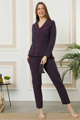 Akbeniz Kadın Mor Fuşya Pamuklu Düğmeli Cepli Uzun Kol Pijama Takım 2460
