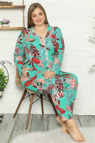 Akbeniz Kadın Pamuklu Cepli Uzun Kol Büyük Beden Pijama Takım 202049