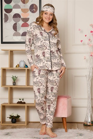 Akbeniz Kadın Pamuklu Düğmeli Cepli Şardonlu Uzun Kol Pijama Takım 2492