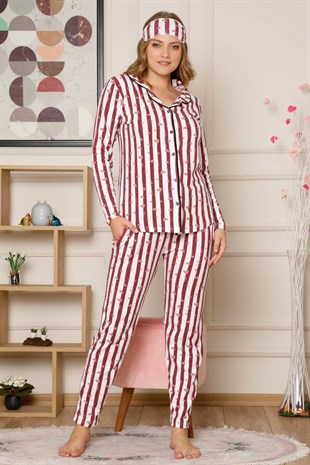 Akbeniz Kadın Pamuklu Düğmeli Cepli Şardonlu Uzun Kol Pijama Takım 2493