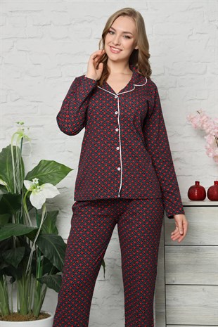 Akbeniz Kadın Pamuklu Düğmeli Cepli Uzun Kol Pijama Takım 2478