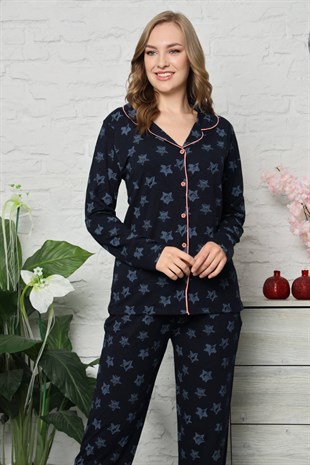Akbeniz Kadın Pamuklu Düğmeli Cepli Uzun Kol Pijama Takım 2480