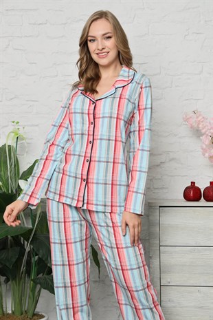Akbeniz Kadın Pamuklu Düğmeli Cepli Uzun Kol Pijama Takım 2474