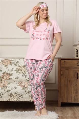 Akbeniz Kadın Pembe Pamuklu Cepli Kısa Kol Büyük Beden Pijama Takım 202035