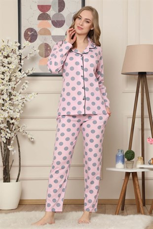 Akbeniz Kadın Pembe Pamuklu Düğmeli Cepli Uzun Kol Pijama Takım 2472