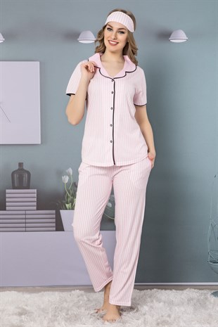 Akbeniz Kadın Pembe Pamuklu Düğmeli Cepli Kısa Kol Pijama Takım 2510