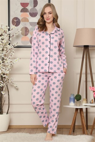 Akbeniz Kadın Pembe Pamuklu Düğmeli Cepli Uzun Kol Pijama Takım 2472