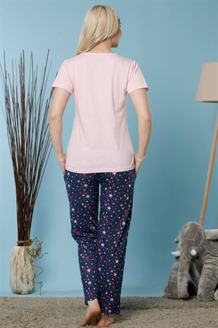 Akbeniz Kadın Pembe Renk Pamuklu Cepli Kısa Kol Pijama Takım 2524