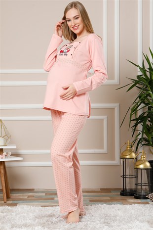Akbeniz Kadın Pudra Renk Pamuklu Hamile Pijama Takımı 4513