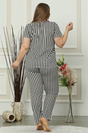 Akbeniz Kadın Siyah Beyaz Pamuklu Düğmeli Cepli Kısa Kol Büyük Beden Pijama Takım 202014