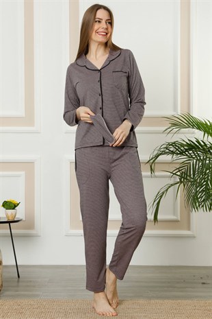 Akbeniz Kadın Siyah Pembe Pamuklu Düğmeli Cepli Uzun Kol Pijama Takım 2459