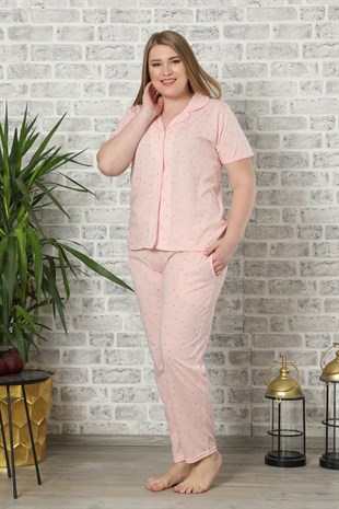 Akbeniz Kadın Somon Pamuklu Düğmeli Cepli Kısa Kol Büyük Beden Pijama Takım 202008