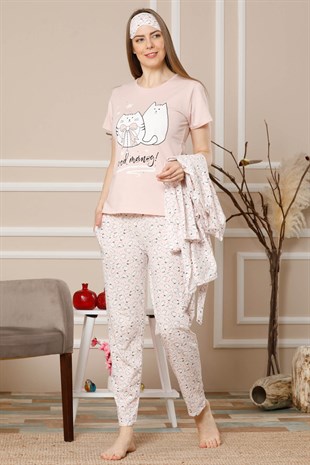 Akbeniz Kadın Somon Renk Pamuklu Cepli 3'lü Pijama Takım 1116