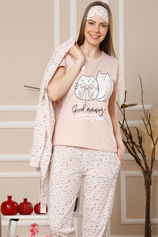 Akbeniz Kadın Somon Renk Pamuklu Cepli 3'lü Pijama Takım 1116