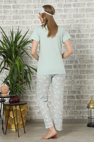 Akbeniz Kadın Su Yeşili Renk Pamuklu Cepli Kısa Kol Pijama Takım 2518