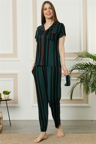 Akbeniz Kadın Yeşil Siyah Pamuklu Düğmeli Cepli Kısa Kol Pijama Takım 2396