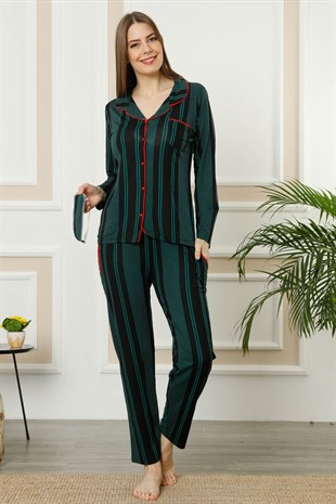 Akbeniz Kadın Yeşil Siyah Pamuklu Düğmeli Cepli Uzun Kol Pijama Takım 2464