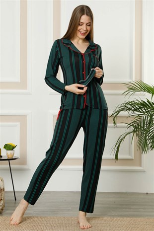 Akbeniz Kadın Yeşil Siyah Pamuklu Düğmeli Cepli Uzun Kol Pijama Takım 2464